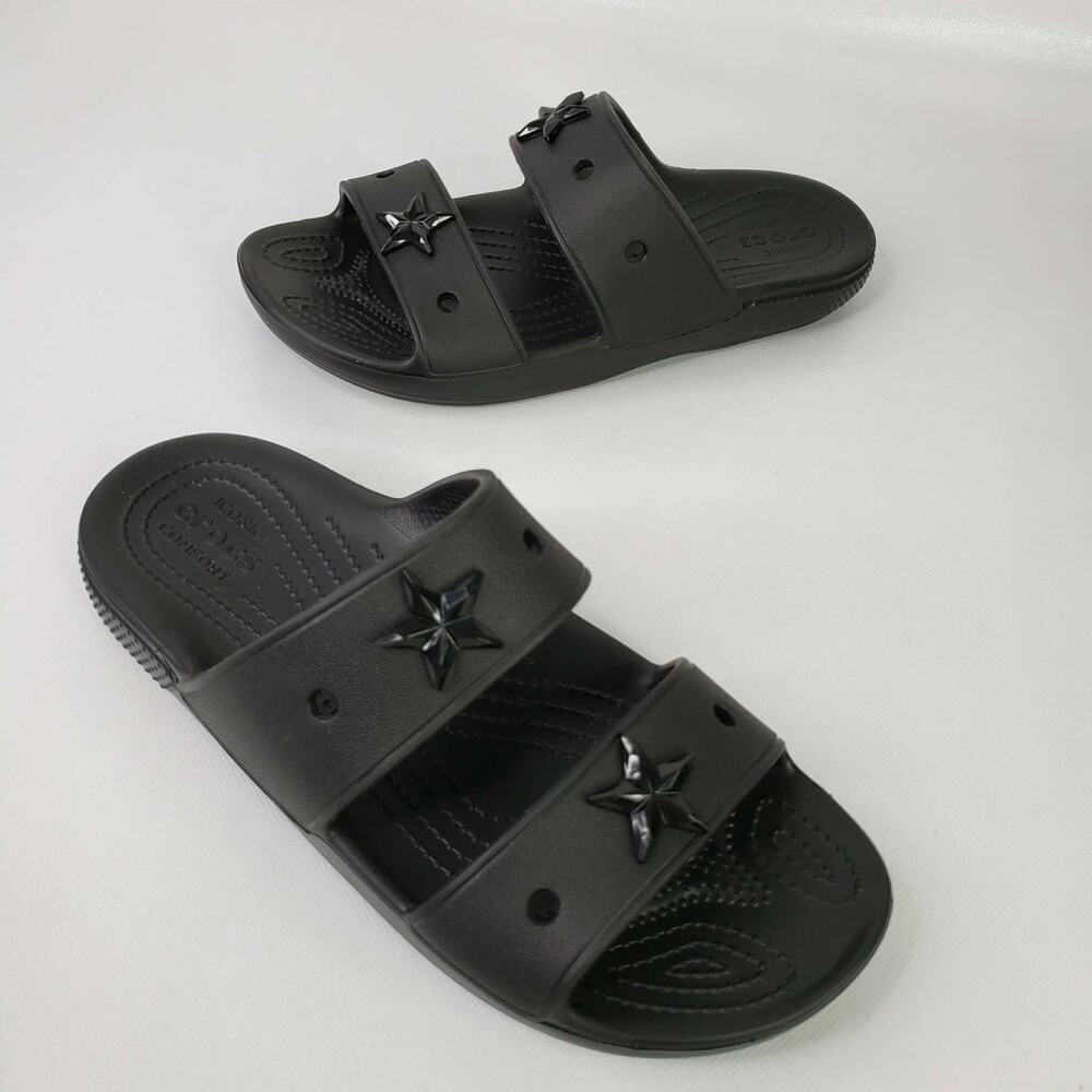 Crocs Classic Two-Strap Slide Sandals Black Women’s Size 9 Star Jibbitz - Picture 1 of 9